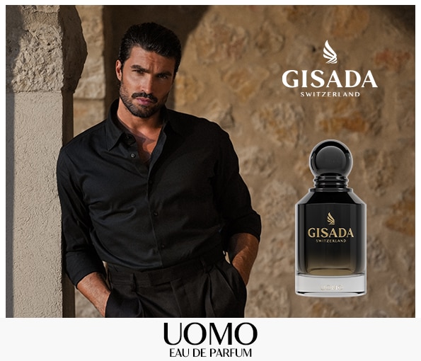 Gisada Uomo Eau de Parfum – elegáns fekete üveg, svájci luxus férfi illat online vásárláshoz.